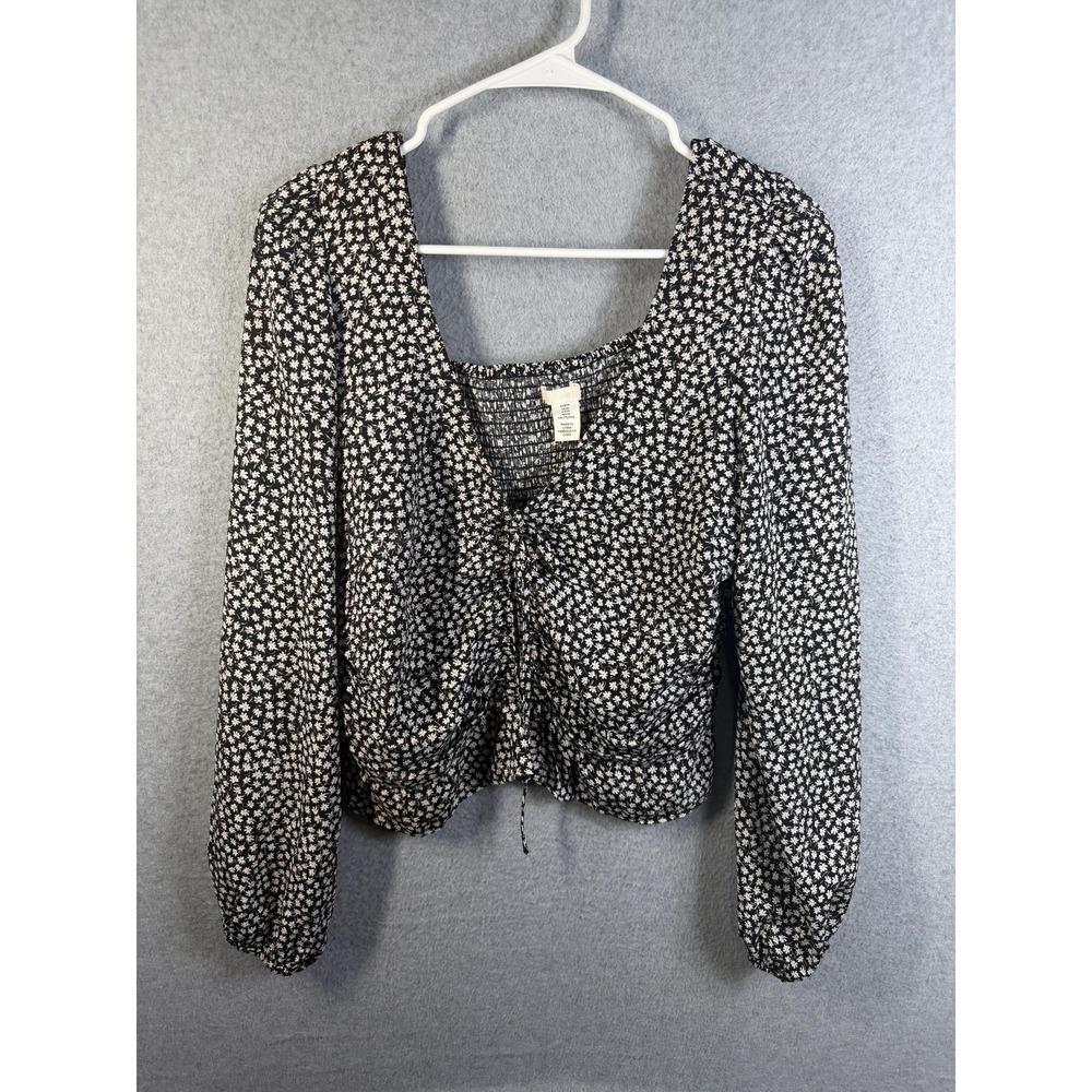 H&M Blouse Womens Medium Black Floral Square Neck Smocked Crop Top Long Sleeve